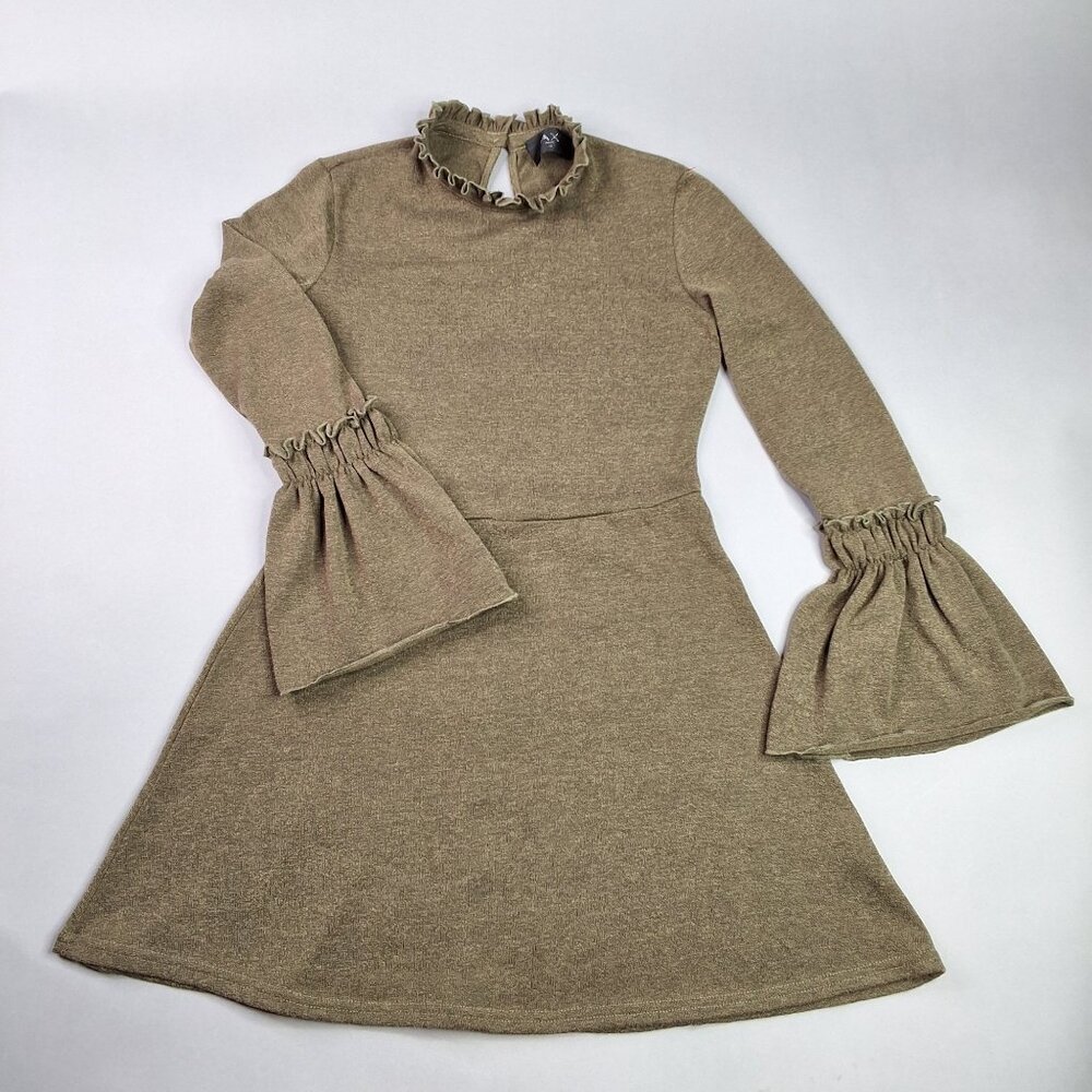 AX Paris Long-Sleeve Dress High Ruffled Collar & Bell Sleeves Size 10 Acadamia - Picture 1 of 10